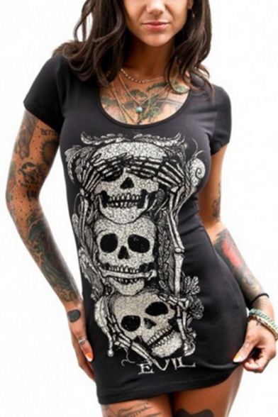 Popular Womens Skull Printed Short Sleeve Scoop Neck Mini Fitted T Shirt Dress in Black