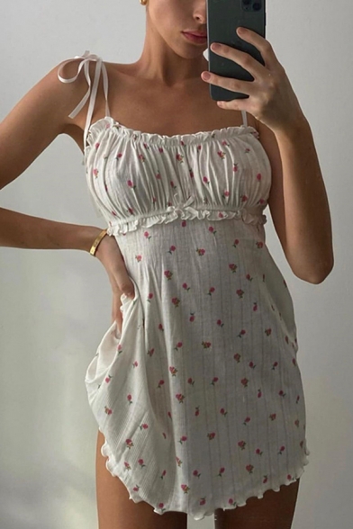 Pretty Ditsy Floral Printed Bow Tied Shoulder Ruched Stringy Selvedge Mini A-line Cami Dress in White