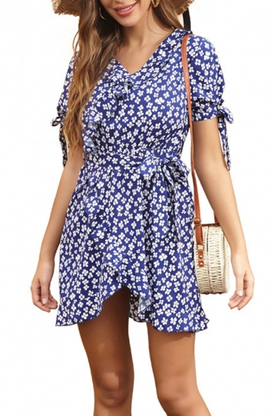 Pretty Girls Ditsy Floral Printed Bow Tied Short Sleeve V-neck Ruffled Bow Tied Waist Mini A-line Dress
