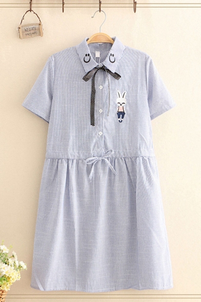 Pretty Girls Rabbit Embroidered Striped Short Sleeve Bow Tied Point Collar Button up Drawstring Waist Short Swing Shirt Dress
