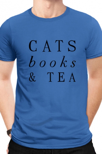Retro Cats Books & Tea Printed Short Sleeve Crew Neck Regular Fit Tee Top for Men