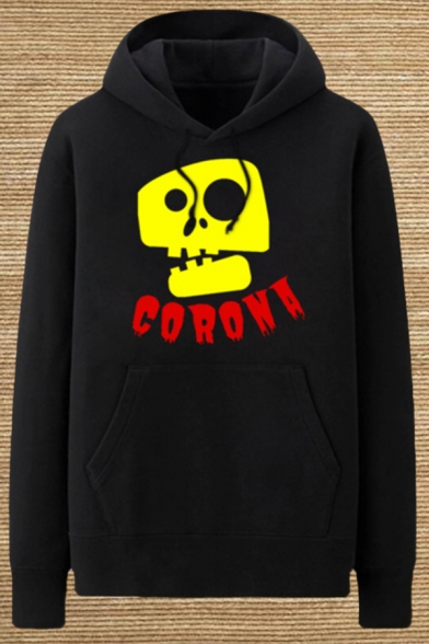 Simple Black Skull Pattern Letter Corona Pocket Drawstring Long Sleeve Regular Fit Graphic Hooded Sweatshirt for Men