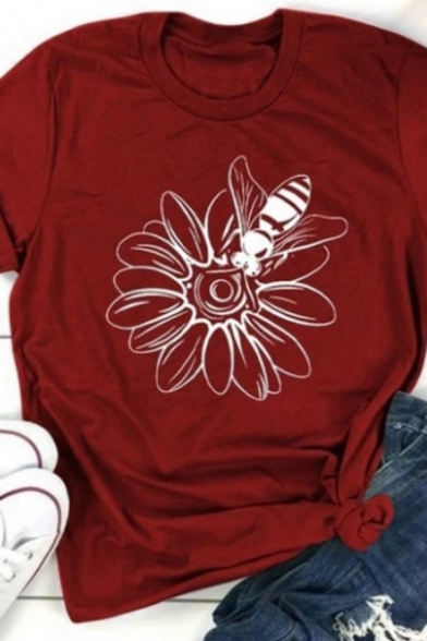 Simple Flower Bee Pattern Roll Short Sleeve Crew Neck Regular Fit T Shirt for Girls