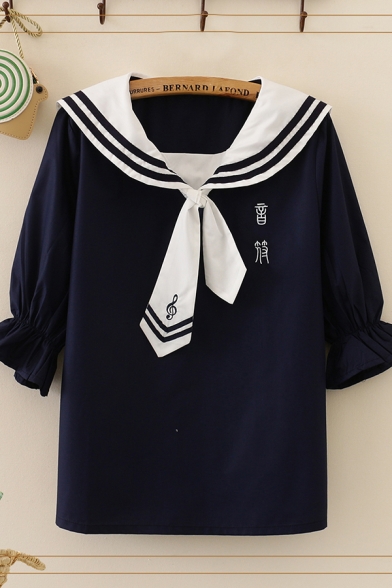 Simple Womens Chinese Letter Note Embroidered Sailor Collar Flare Short Regular Fit Shirt