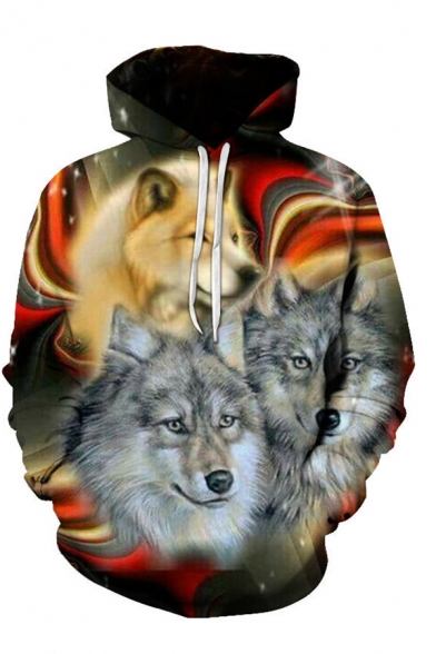Stylish Men's Wolf 3D Pattern Drawstring Full Sleeve Relaxed Fitted Hoodie with Pocket