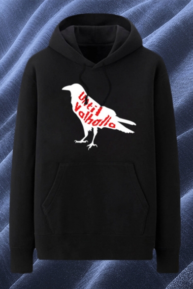 Stylish Mens Bird Letter Until Valhallo Printed Pocket Drawstring Long Sleeve Regular Fit Graphic Hooded Sweatshirt
