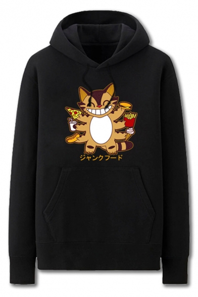 Stylish Mens Cartoon Cat Japanese Letter Pocket Drawstring Long Sleeve Regular Fit Graphic Hooded Sweatshirt