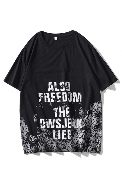 Stylish Mens Letter Also Freedom Printed Half Sleeve Crew Neck Oversize Tee Top
