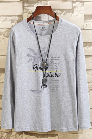 Stylish Mens T-Shirt Coconut Tree Letter Pattern Regular Fit Long Sleeve Round Neck Graphic T-Shirt