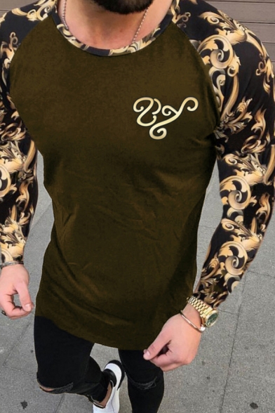 Stylish Mens Tee Top Floral Abstract Pattern Raglan Long Sleeve Round Neck Fitted Tee Top