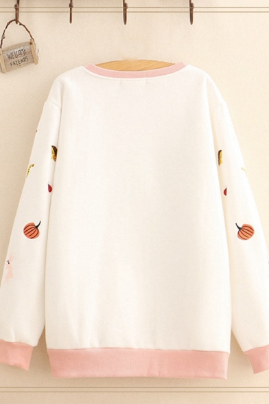 Stylish Mixed Cartoon Embroidered Contrasted Long Sleeve Round Neck Loose Pullover Sweatshirt