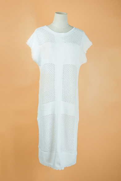 Stylish Womens Hollow-knitted Scalloped Short Sleeve Round Neck Button down Slit Sides Mid Shift Dress in White
