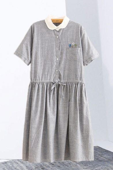 Womens Cartoon Embroidered Short Sleeve Button up Drawstring Waist Swing Shirt Dress