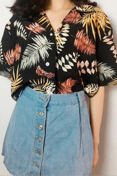 Summer Leaf Allover Pattern Short Sleeve Lapel Neck Button up Loose Shirt Top for Girls
