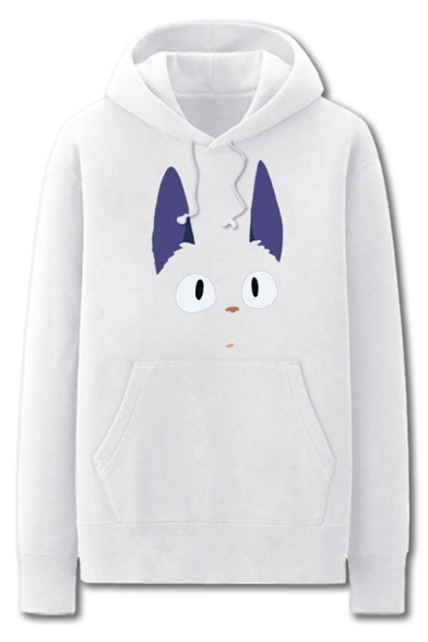 Trendy Cartoon Cat Pattern Pocket Drawstring Long Sleeve Regular Fit Hooded Sweatshirt for Men