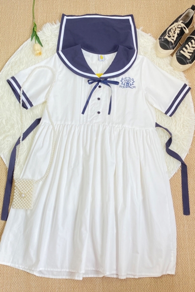 Trendy Girls Bear Embroidery Print Tie Button Contrast Striped Pleated Sailor Collar Short Sleeve Midi Smock Dress in White