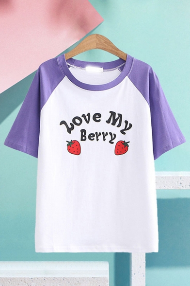 Trendy Womens Letter Love My Berry Strawberry Graphic Raglan Short Sleeve Round Neck Loose T Shirt