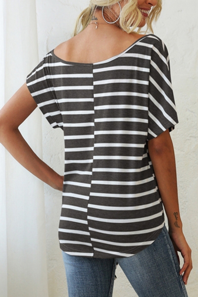 Trendy Womens Stripe Print Tied Hem Short Sleeve Round Neck Relaxed T-shirt