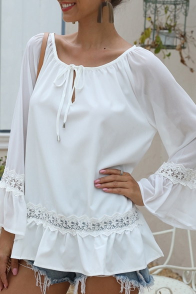 Womens Fashion White Lace Patched Bell Sleeve Round Neck Bow Tie Cut out Ruffled Loose T Shirt