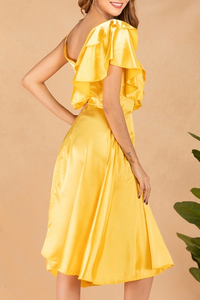 Amazing Gold Asymmetric Neck Ruffled Trim Midi Pleated A-line Dress for Women