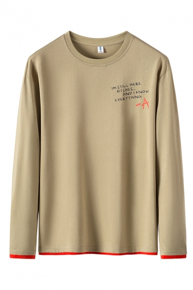 Basic Mens Letter I Am Still Here Bitches Printed Long Sleeve Round Neck Regular Fit Fake Two Piece Tee Top