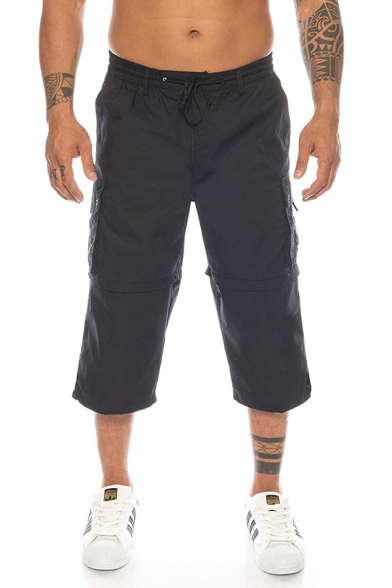 Casual Mens Solid Color Flap Pocket Drawstring Mid Rise Straight Capris Pants