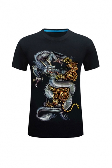 Chic 3D Dragon Pattern Round Neck Short Sleeve Regular Fitted T-Shirt for Men