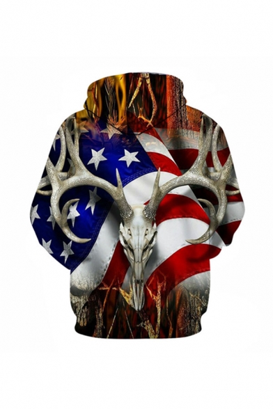Chic 3D Goat USA Flag Pattern Pocket Drawstring Long Sleeve Fitted Hooded Sweatshirt for Men