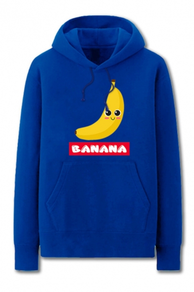 Chic Mens Letter Banana Printed Kangaroo Pocket Drawstring Cuffed Long Sleeve Regular Fit Graphic Hooded Sweatshirt