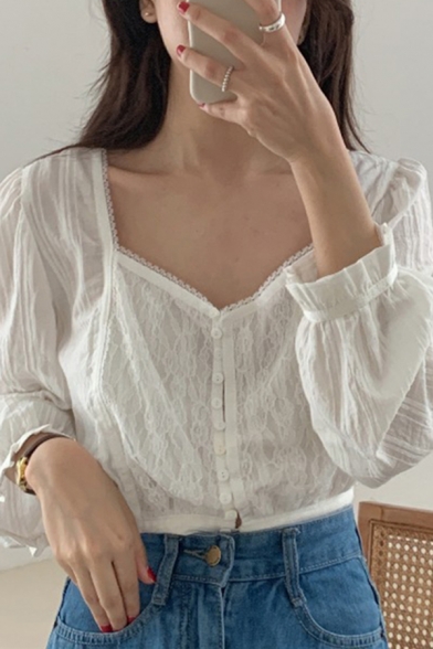 Chic Solid Color Lace Long Sleeve Sweetheart Neck Button up Regular Fit Shirt for Ladies