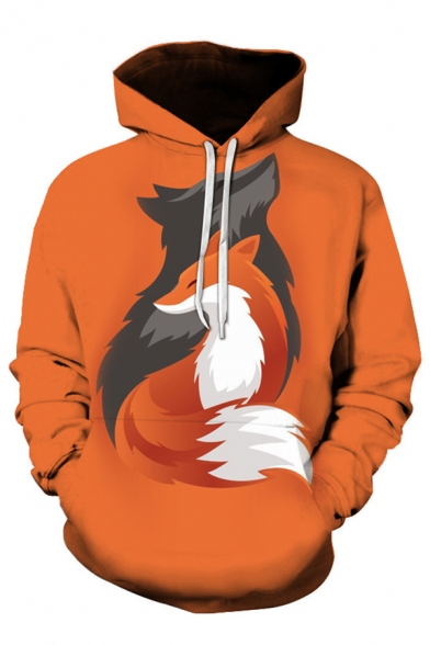 Cool Mens 3D Fox Printed Pocket Drawstring Long Sleeve Regular Fit Hooded Sweatshirt in Orange