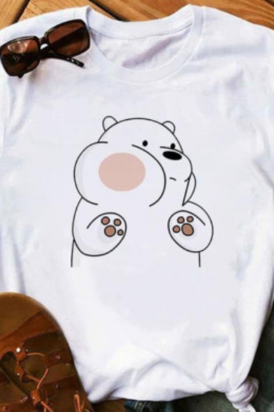 Cute Cartoon Bear Printed Roll up Sleeves Crew-neck Slim Fitted T Shirt in White