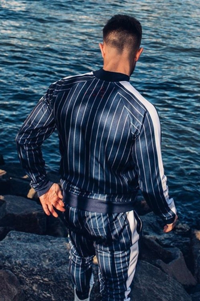 Dressy Mens Sweatshirt Striped Pattern Colorblock Pocket Tape Full Zipper Long Sleeve Stand Neck Regular Fitted Sweatshirt