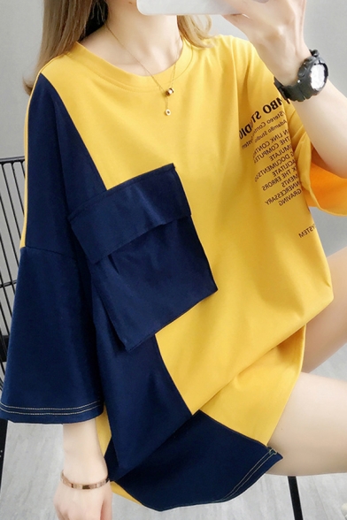 Exclusive Girls Patchwork Colorblock Letter Adambo Studio 3/4 Sleeve Round Neck Flap Pocket Oversize Asymmetric T-shirt