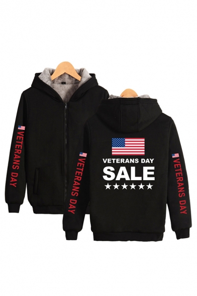 Fancy Mens USA Flag Letter Veterans Day Sale Printed Zipper up Pocket Long Sleeve Regular Fit Graphic Hooded Sweatshirt