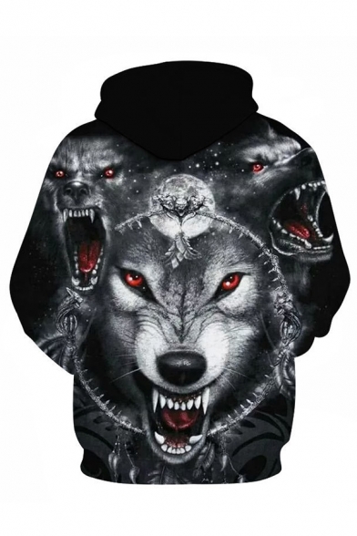Fashionable Mens Wolf 3D Printed Pocket Drawstring Full Sleeve Loose Fit Hooded Sweatshirt