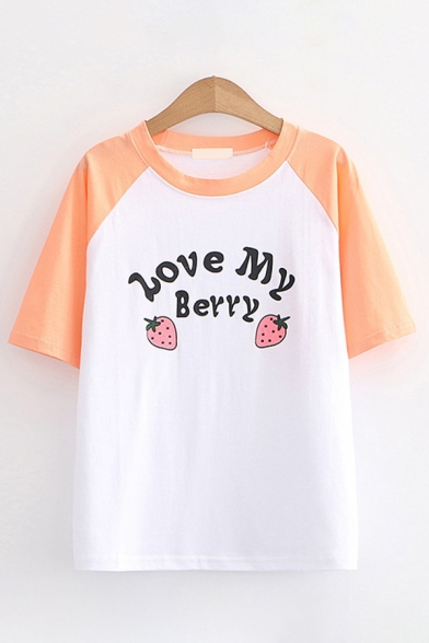 Fashionable Womens Letter Love My Berry Cartoon Strawberry Graphic Raglan Short Sleeve Crew Neck Contrasted Loose Fit Tee Top