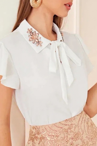 Formal Womens Butterfly Sleeve Rhinestone Bow Tie Spread Collar Relaxed Fit Plain Work Blouse