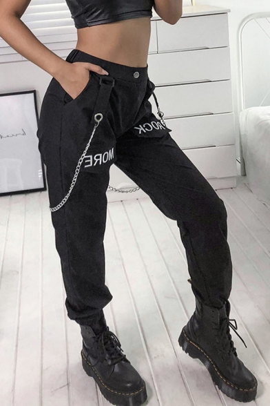 Girls Cool Letter Rock More Printed High Waist Chain Decoration Flap Pockets Cuffed Ankle Tapered Fit Black Pants