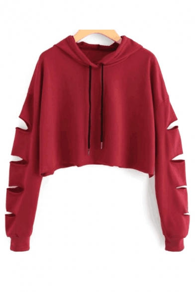 

Hip Hop Girls Solid Color Ripped Long Sleeve Drawstring Loose Fit Cropped Hoodie, Black;red;white;gray;navy, LC637482