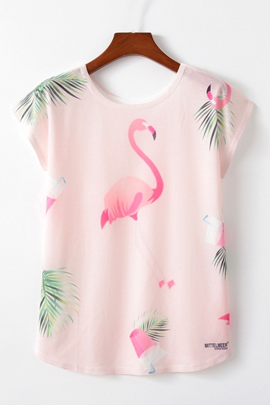 Leisure Girls Allover Flamingo Watermelon Printed Short Sleeve Round Neck Loose T Shirt