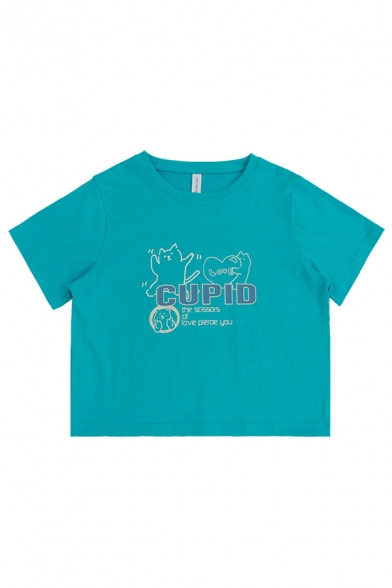 Letter Cupid Cartoon Cat Graphic Short Sleeve Crew Neck Relaxed Fit Trendy Tee Top for Girls