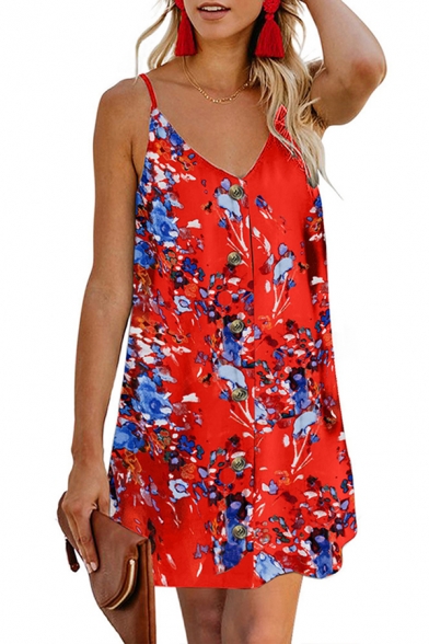 Popular All over Leaf Printed Button down Spaghetti Straps V-neck Short Swing Cami Dress
