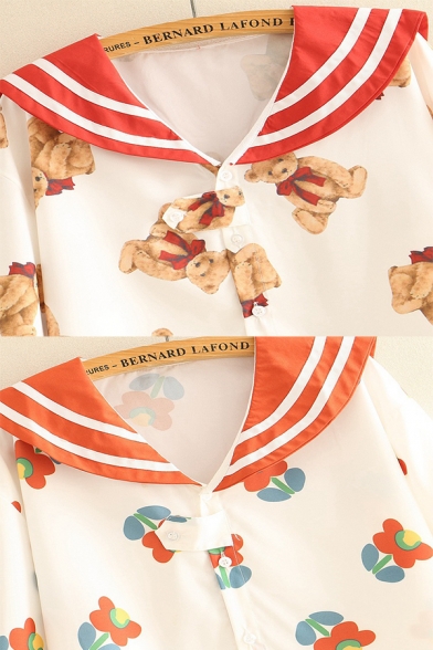 Popular Allover Flower Printed Short Sleeve Striped Sailor Collar Button down Loose Shirt Top for Women