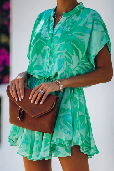 Popular Green Allover Floral Print Ruffled Short Sleeve V-neck Button up Drawstring Waist Short Pleated A-line Dress in Green