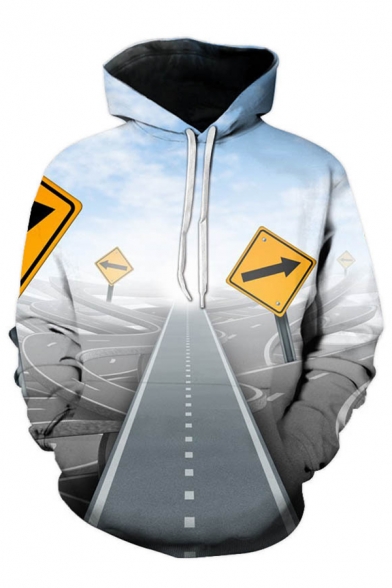 Popular Mens 3D Road Guidepost Printed Pocket Drawstring Long Sleeve Regular Fitted Hooded Sweatshirt