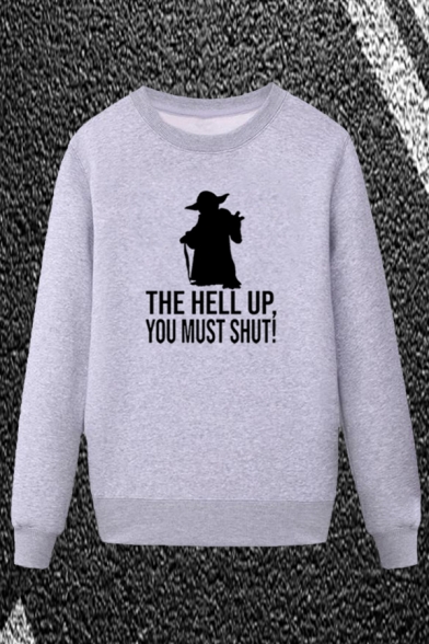 Popular Mens Character Letter the Hell up You Must Shut Printed Pullover Long Sleeve Round Neck Regular Fit Graphic Sweatshirt