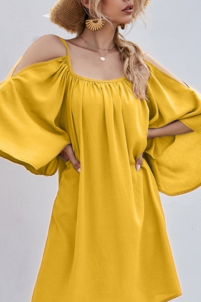 Popular Womens Solid Color 3/4 Sleeve Cold Shoulder Short Pleated Swing Dress