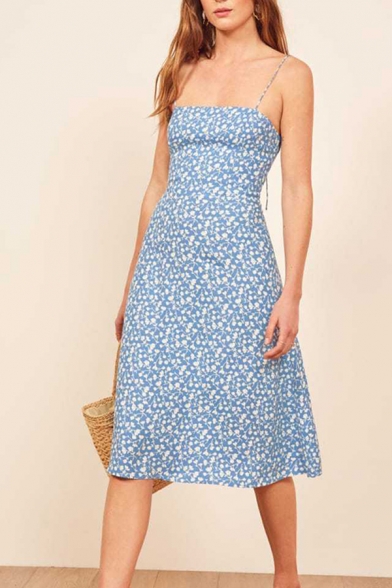 

Pretty Womens Ditsy Floral Printed Spaghetti Straps Mid A-line Cami Dress in Light Blue, LM645911