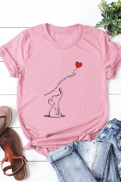 Pretty Womens Letter Elephant Heart Graphic Rolled Short Sleeve Crew Neck Slim Fit T Shirt